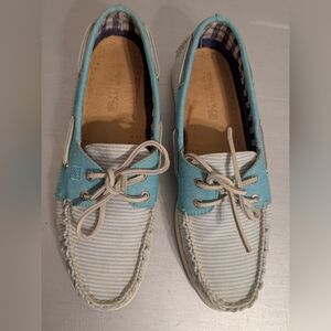 Sperry Women’s 9M Blue Striped Canvas Boat Shoes Nautical Comfort  Preppy